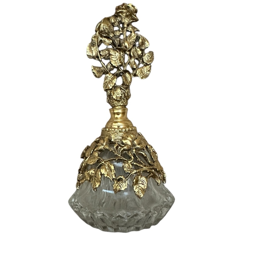 Antique Matson Ormolu Rose Filigree 6" Perfume Bottle w/ Glass Stopper/Dauber